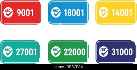 ISO Certification Badges: 9001, 18001, 14001, 27001, 22000, 31000 on White Background Stock Vector