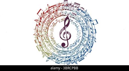 Treble clef surrounded by colorful musical notes on white background Stock Vector