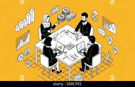 Diverse business team brainstorming in meeting with charts and money on yellow background Stock Vector