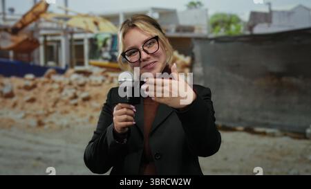 Woman reporter with microphone gestures come here at outdoor construction site, smiling, wearing glasses and black blazer, engaging in lively reportin Stock Photo