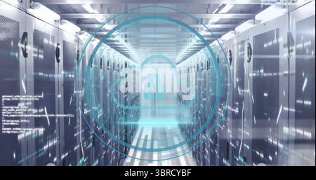 Digital cloud-and-padlock symbol hovering in high-security data center corridor, with server racks Stock Photo