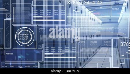 Stretching white server cabinets lining secure data center corridor, with numeric display overlays Stock Photo