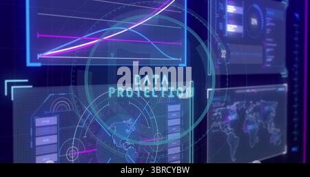 Displaying glowing DATA PROTECTION overlay in cybersecurity control room, with holographic panels Stock Photo