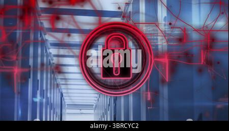 Projecting neon lock icon overlay emitting signals in server rack corridor, with red circuits Stock Photo