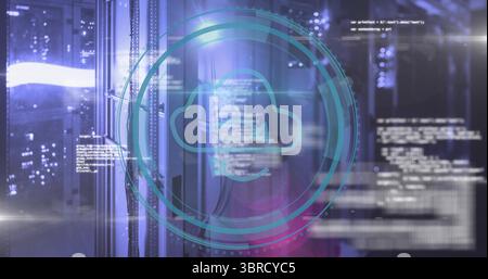 Glowing teal cloud computing graphic overlaying server racks and network cables, floating code Stock Photo