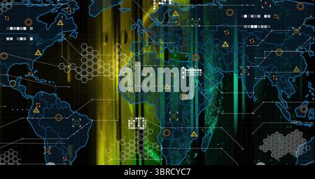 Displaying glowing world map streaming over digital grid dashboard, with data nodes and alert icons Stock Photo