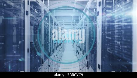 Showing server racks lining narrow data center corridor, with glowing Cyber Security interface Stock Photo