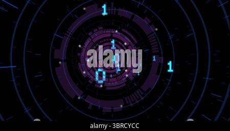 Rotating central digital rings revealing binary code in virtual data HUD, with glowing data nodes Stock Photo