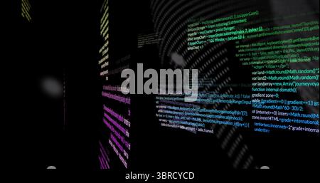 Displaying vertical floating neon-colored code panels in virtual 3D space, with JavaScript snippets Stock Photo