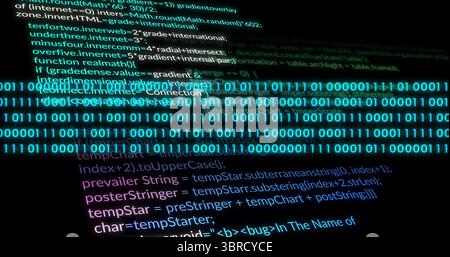 Displaying cyan binary stream flowing across dark-mode computer screen, with green and purple code Stock Photo