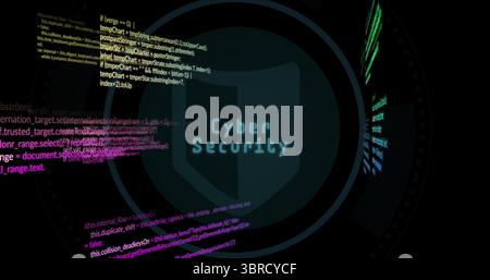 Displaying shield icon protecting data in cybersecurity dashboard, with code snippets and data bars Stock Photo