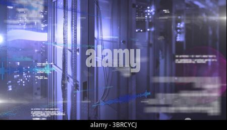 Displaying server rack showing holographic overlays in data center, with bundled cables, LED lights Stock Photo