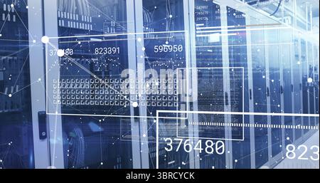 Displaying glass server cabinets streaming data in server room, with LED lights and digital overlay Stock Photo