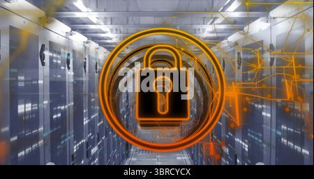 Displaying glowing orange padlock icon overlay floating in data center corridor with server racks Stock Photo