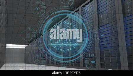Hovering holographic fingerprint projecting over server racks in data center, with security icons Stock Photo