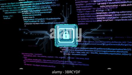 Glowing neon teal padlock icon within square frame radiating circuit lines, with code snippets Stock Photo