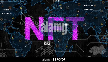 Displaying textured magenta NFT letters on digital world map HUD, with data nodes and warning icons Stock Photo