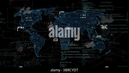 Displaying stylized world map on dashboard display, showing hex clusters and cascading green code Stock Photo