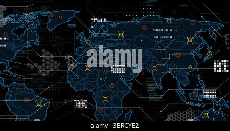 Displaying glowing blue world map outline animating across digital grid, with colored data markers Stock Photo