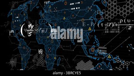 Displaying neon-blue world map showing math annotations on dashboard with connector lines, markers Stock Photo