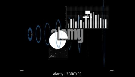 Displaying white pie chart on dashboard, with bar chart, line plot, rings and waveform lines Stock Photo