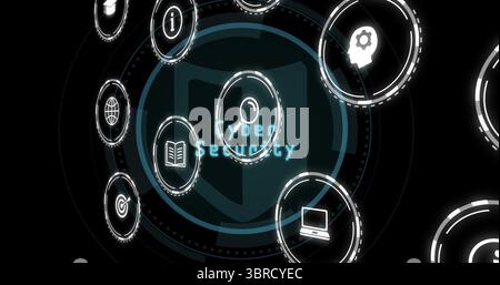 Displaying central shield icon with Cyber Security text on dark background, with circular icons Stock Photo