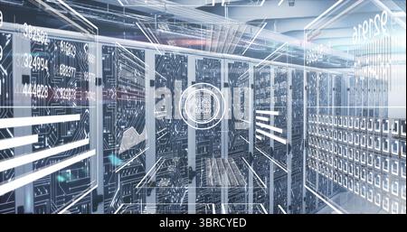 Displaying server racks projecting holographic overlays and LEDs in data center aisle, with cables Stock Photo