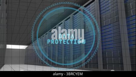 Displaying holographic interface showing data protection in data center corridor, with server racks Stock Photo
