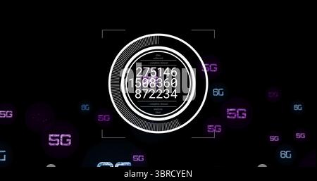 Displaying circular data interface on screen, with numeric readouts and floating 5G 6G labels Stock Photo