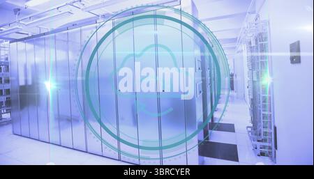 Glowing server cabinets reflecting LED glow in data center corridor, with cloud sync overlay Stock Photo