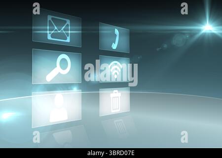 Futuristic 3D render hologram icon panels are floating above reflective base over gradient backdrop Stock Photo
