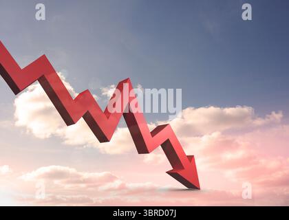 Red arrow pointing down against sky Stock Photo