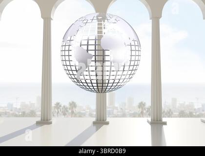 Silver globe floating in room Stock Photo