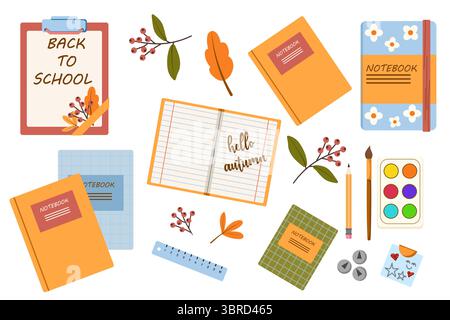 White isolated flat vector with colorful set of objects for school or office. Back to school set with pen, notebooks and autumn leaves Stock Vector