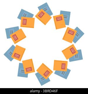 Round frame with school notebooks and autumn leaves. Flat vector illustration "Back to school" with pen, notebooks and autumn leaves. Stock Vector