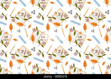 Seamless pattern. Flat vector with colorful set of school or office items on white background. Back to school set with pen, notebooks and autumn leave Stock Vector
