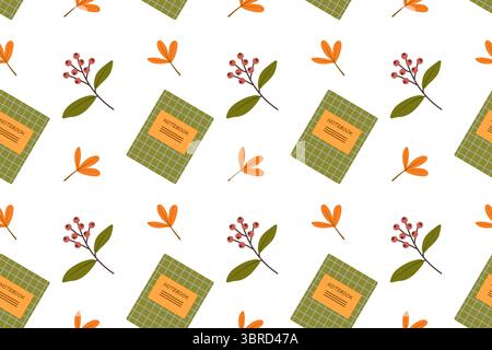 Seamless pattern. Flat vector with colorful set of school or office supplies on white background. Back to school set with notebooks and autumn leaves. Stock Vector