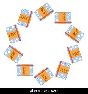 Round frame with school notebooks and autumn leaves. Flat vector illustration "Back to school" with pen, notebooks and autumn leaves. Stock Vector