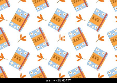 Seamless pattern. Flat vector with colorful set of school or office supplies on white background. Back to school set with notebooks and autumn leaves. Stock Vector