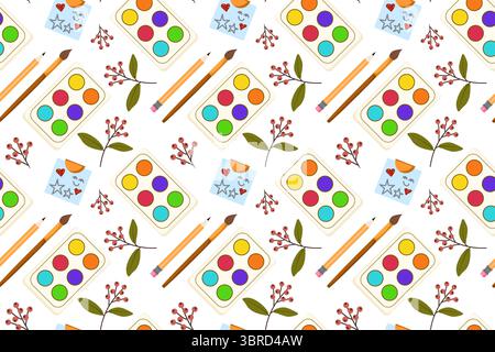 Seamless pattern. Flat vector with colorful set of school or office supplies on white background. Back to school set with paints and autumn leaves. Stock Vector