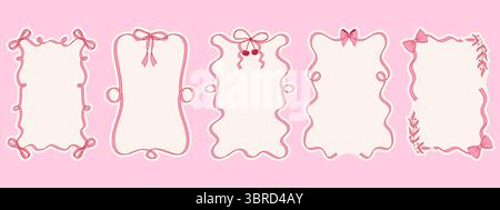 Coquette bow frames. Hand drawn pink ribbon borders set for invitations and cards Stock Vector