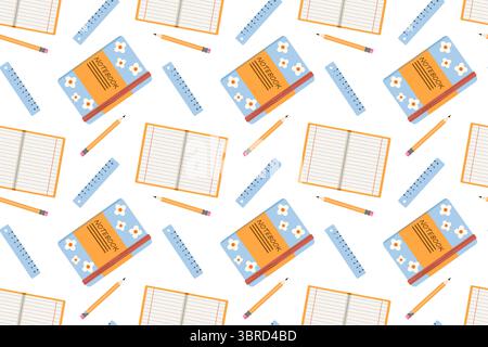 Seamless pattern. Flat vector with colorful set of school or office items on white background. Back to school set with pen, notebooks and autumn leave Stock Vector