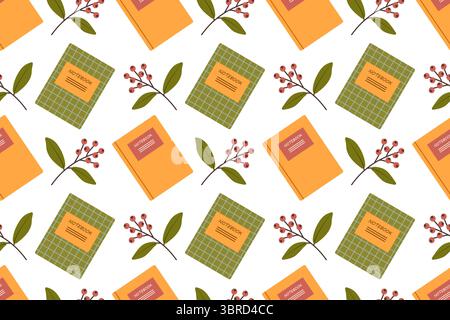 Seamless pattern. Flat vector with colorful set of school or office supplies on white background. Back to school set with notebooks and autumn leaves. Stock Vector