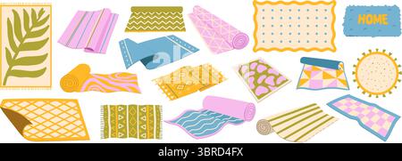 Cozy wool carpets and bath rugs. Decorative floor mats with various shapes and textures. Stock Vector