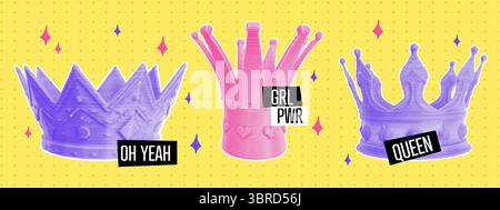 Colorful halftone crown collage set. Punk style elements with dotted texture and doodle shapes. Vector pop art illustration Stock Vector