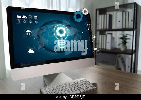A collaboration tools modern computer monitor displaying digital technology and innovation concepts in professional workspace environment Stock Photo