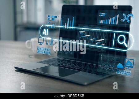 A business intelligence digital data analysis and artificial intelligence concept with futuristic holographic interface laptop screen, showing Stock Photo