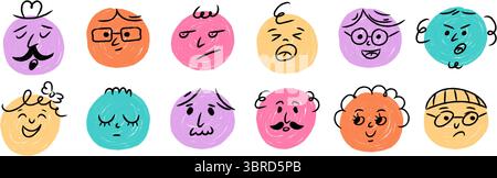 Abstract crayon emoji face icons. Hand drawn cartoon emoticons with different emotions. Vector doodle character set Stock Vector