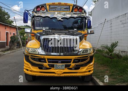 Converted US school bus to local bus, aka chicken bus, Hahuizalco, Sonsonate, El Salvador Stock Photo