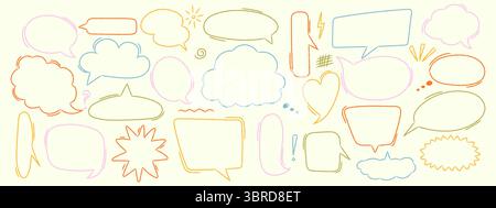 Cute crayon speech bubble collection. Childish hand drawn comic balloons in pastel colors. Vector doodle text boxes Stock Vector